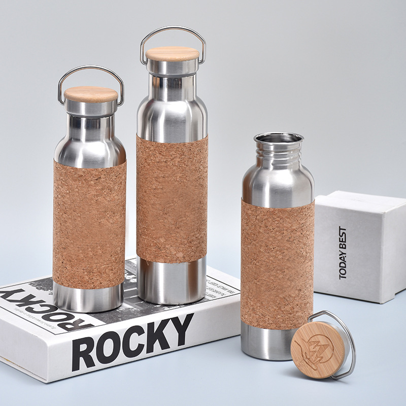 Custom Recycled Vacuum Insulated Metal Stainless Steel Drinking Water Bottle With Cork Sleeve Bamboo Lid - Image 5