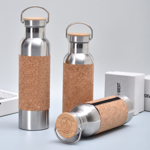 Custom Recycled Vacuum Insulated Metal Stainless Steel Drinking Water Bottle With Cork Sleeve Bamboo Lid - Image 4
