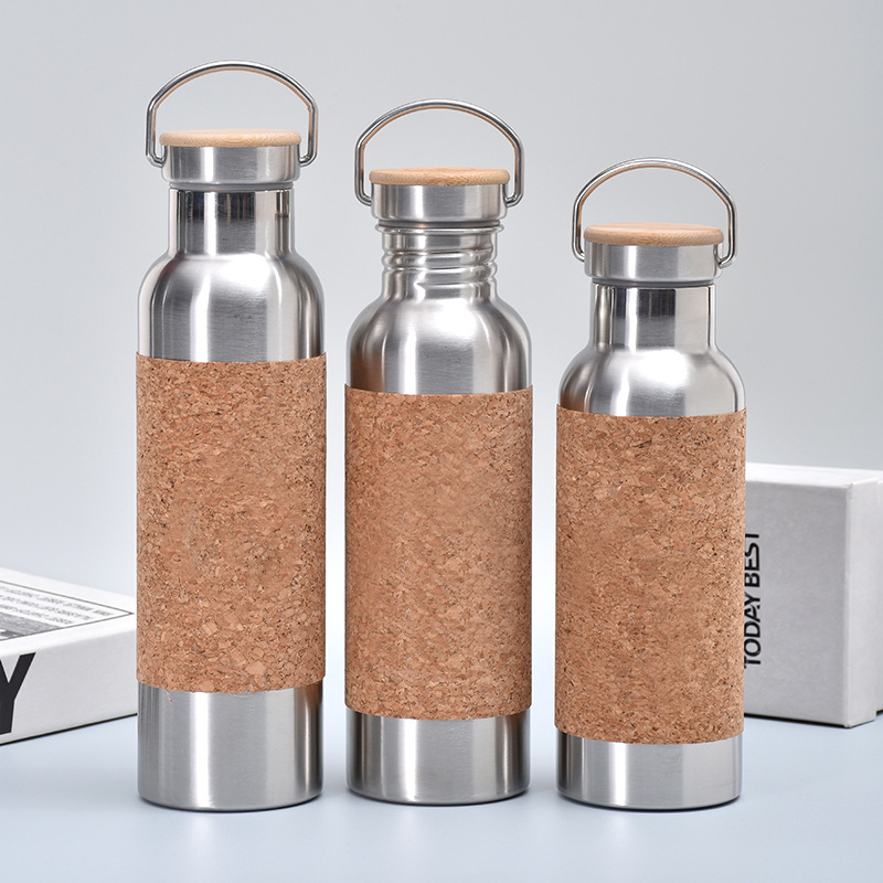 Custom Recycled Vacuum Insulated Metal Stainless Steel Drinking Water Bottle With Cork Sleeve Bamboo Lid - Image 2