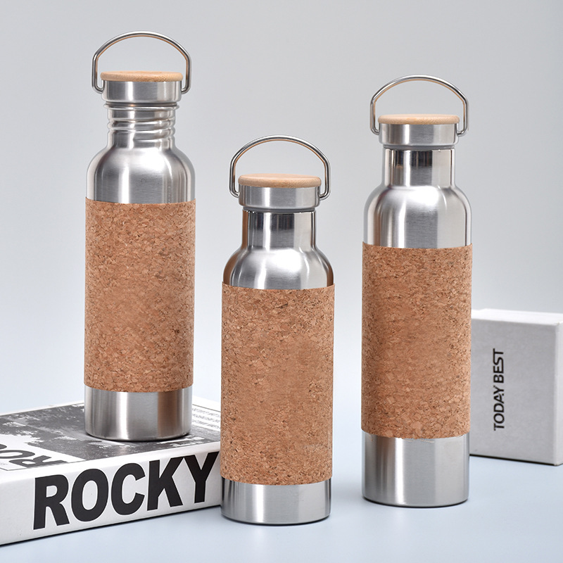 Custom Recycled Vacuum Insulated Metal Stainless Steel Drinking Water Bottle With Cork Sleeve Bamboo Lid - Image 3