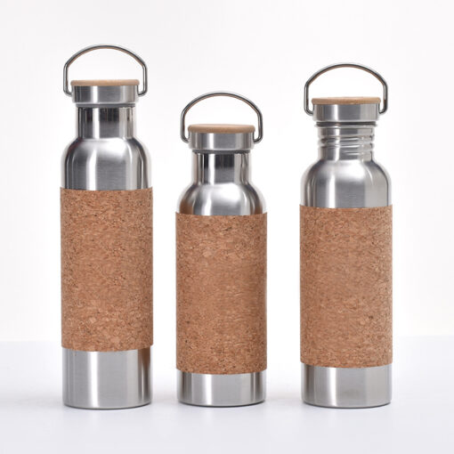 Custom Recycled Vacuum Insulated Metal Stainless Steel Drinking Water Bottle With Cork Sleeve Bamboo Lid