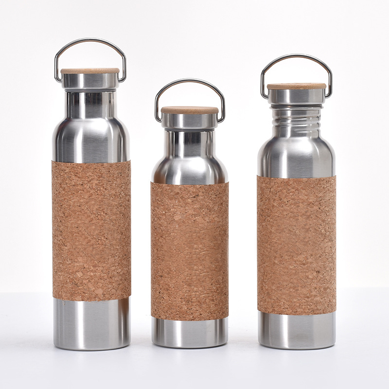 Custom Recycled Vacuum Insulated Metal Stainless Steel Drinking Water Bottle With Cork Sleeve Bamboo Lid